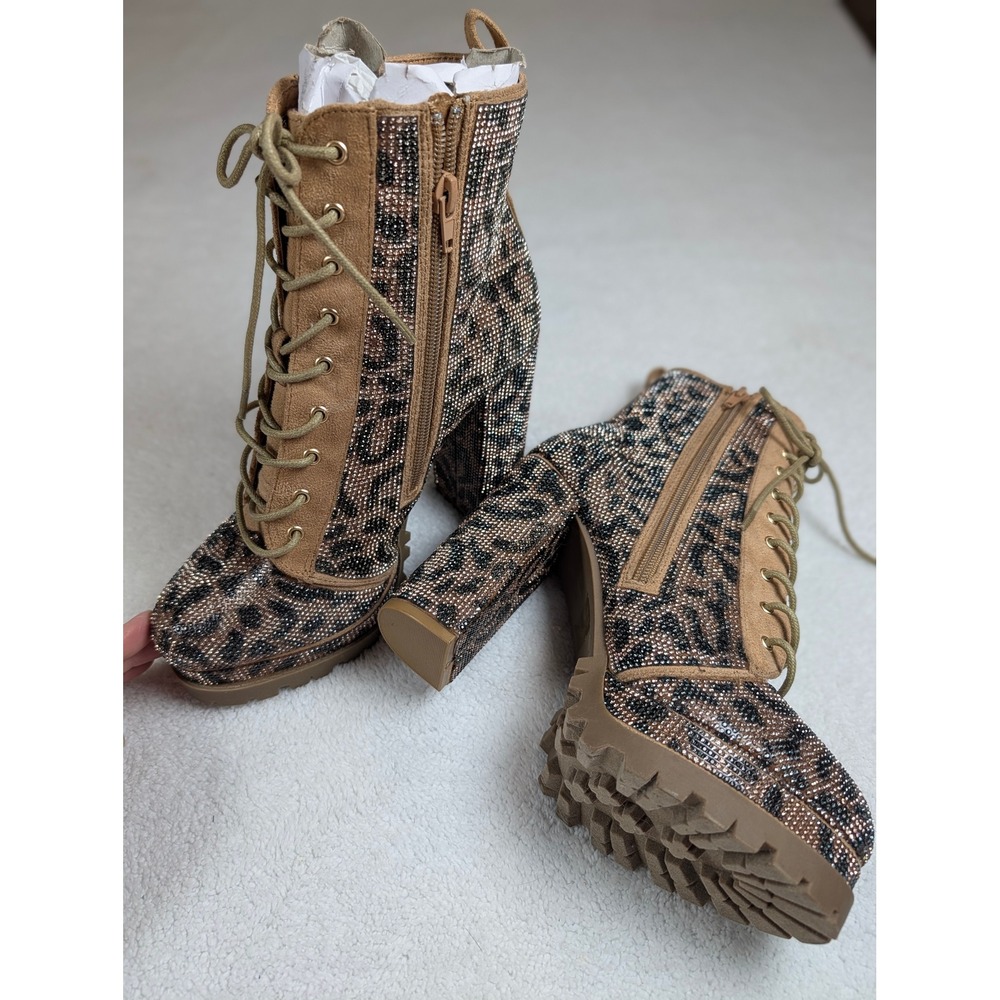 wild Diva Lounge Leopard Print Rhinestone Lug Sole Block Heel Ankle Boot Sparkly